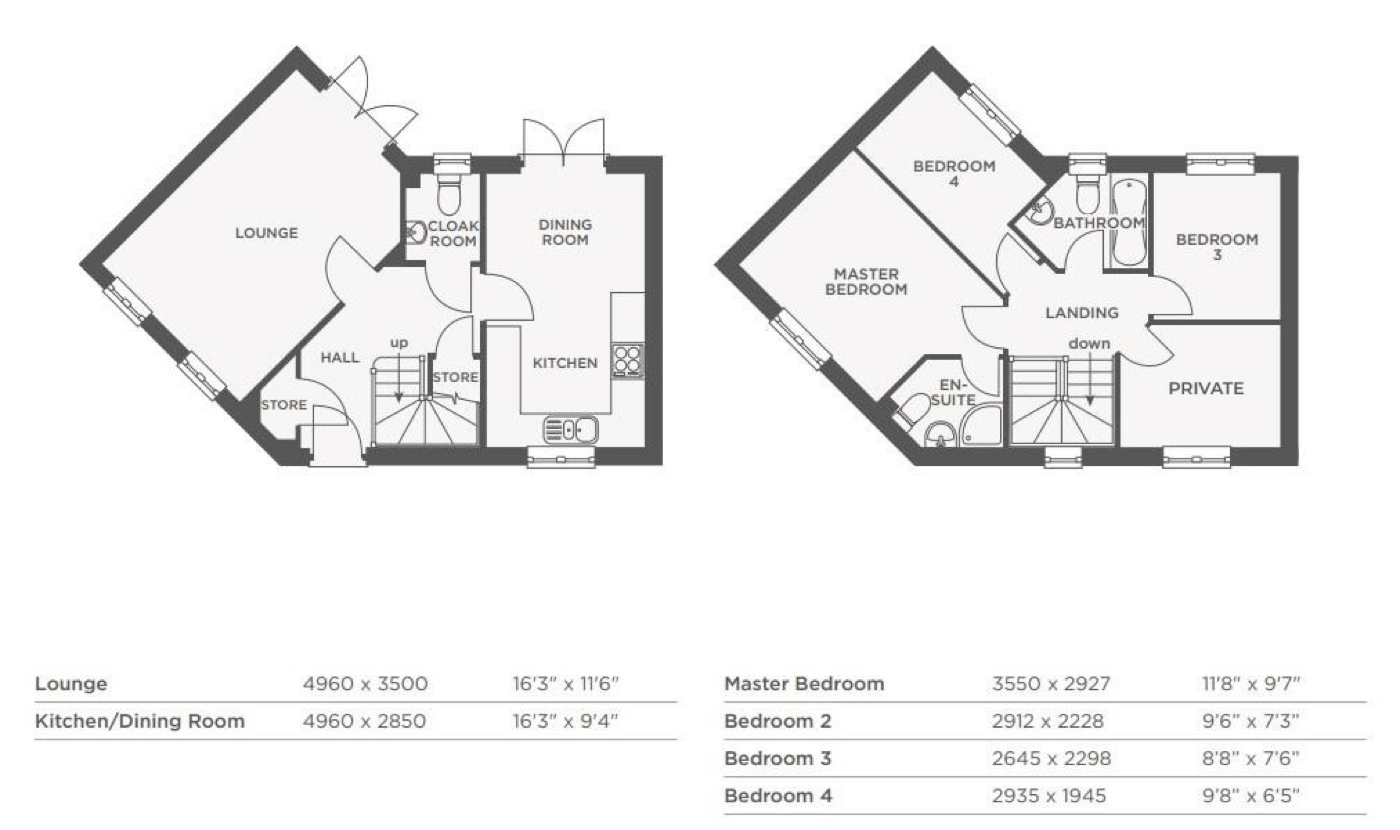 Floor plan of Waves & Walkways showing lounge, kitchen/dining downstairs and three bedrooms, bathroom, and en-suite upstairs